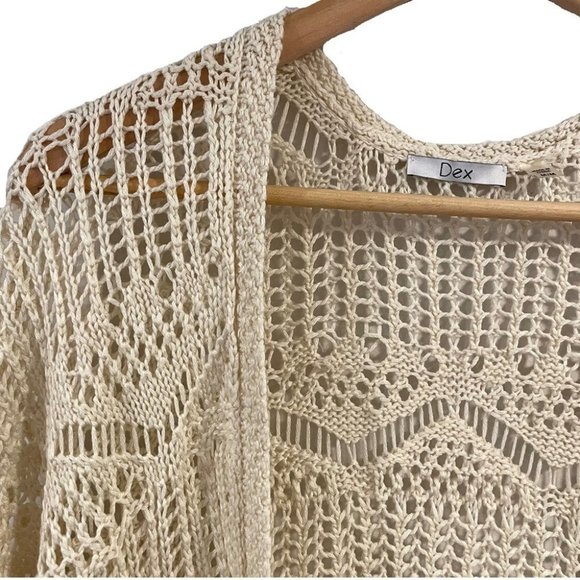 𝅺dex Boho Open Knit Shawl Cardigan Fringe Tassel Cream Medium Coverup Bohemian - Picture 1 of 10